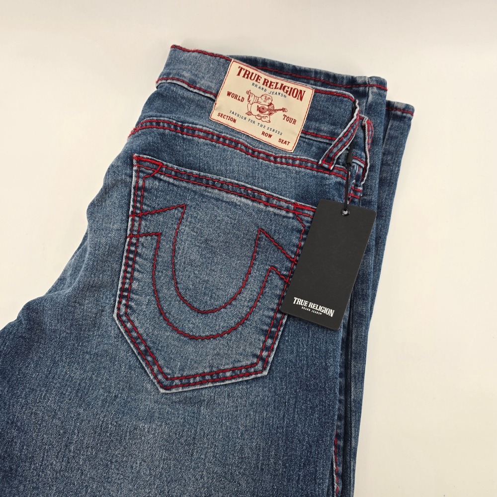 True Religion Ricky Big T Relaxed Straight Jeans Mens Red Stitch Blue 32x34 NEW